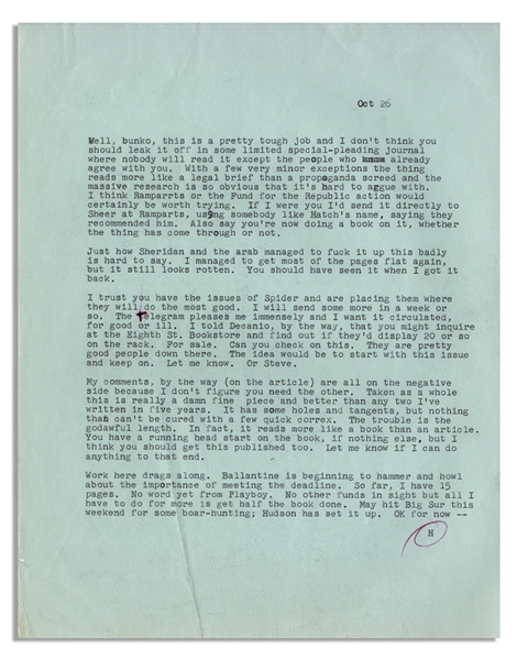 Hunter S. Thompson Letter From 1965 -- ''...Ballantine is beginning to hammer and howl about the importance of meeting the deadline...''